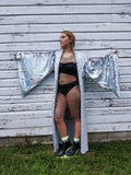 Holographic Rainbow Silver Glitter Sequin Hooded Kimono Robe | Rave Kimono ⎪ Long Wizard Bell Sleeve