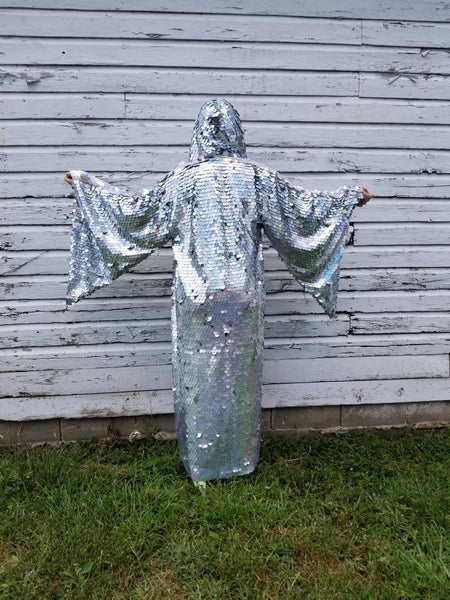 Holographic Rainbow Silver Glitter Sequin Hooded Kimono Robe | Rave Kimono ⎪ Long Wizard Bell Sleeve