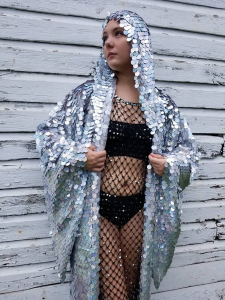 Holographic Rainbow Silver Glitter Sequin Hooded Kimono Robe | Rave Kimono ⎪ Long Wizard Bell Sleeve