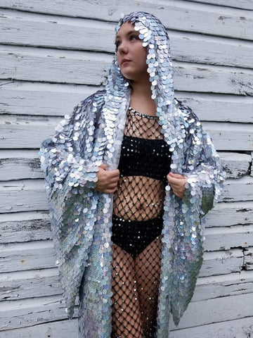Holographic Rainbow Silver Glitter Sequin Hooded Kimono Robe | Rave Kimono ⎪ Long Wizard Bell Sleeve