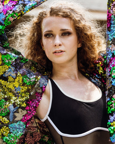 Floral Sequin Lace Bell Sleeve Kimono in Green