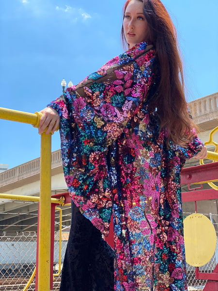 Lace Floral Sequin Bell Sleeve Kimono