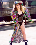 Floral Sequin Lace Bell Sleeve Kimono in Green