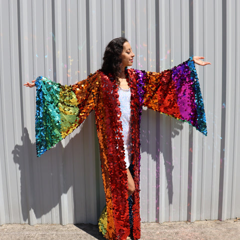 Rainbow Pride Sequin Bell Sleeve Kimono Inspired Festival Robe Plus Size Available
