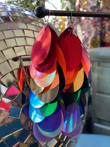 Rainbow Sequin Dangle Chandelier Eco Upcycled Earrings