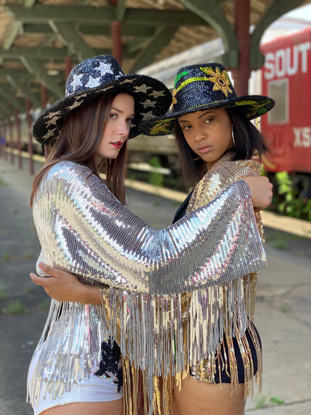 Vintage Sequin Wide Brim Hat - Sunflower