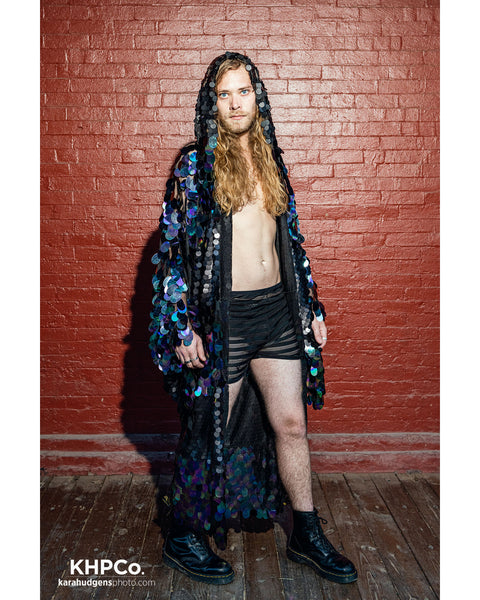 Holographic Iridescent Stripe Sequin Kimono | Plus Size Kimono | Rave | Burning Man ⎪ Wizard Bell Sleeve ⎪ Music Festival