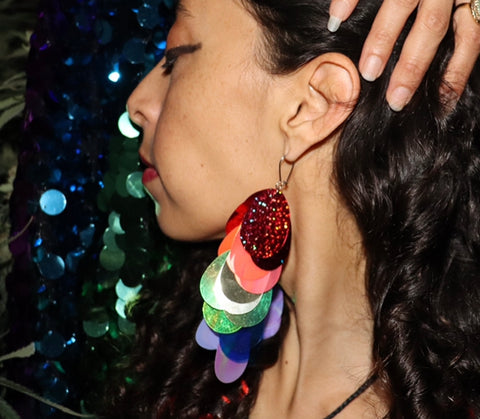 Rainbow Sequin Dangle Chandelier Eco Upcycled Earrings