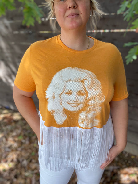Orange and White Dolly Cropped Tee with Fringe