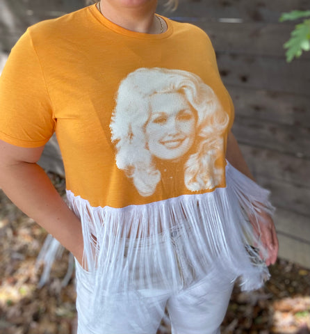 Orange and White Dolly Cropped Tee with Fringe