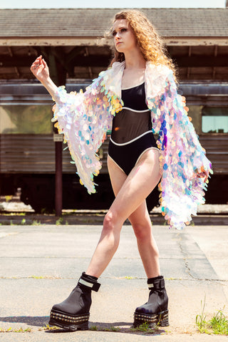 Cropped Hooded Bell Sleeve Sequin Kimono