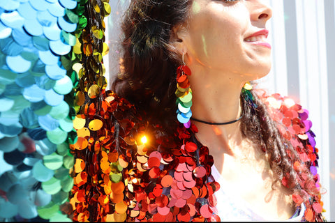 Rainbow Sequin Dangle Chandelier Eco Upcycled Earrings