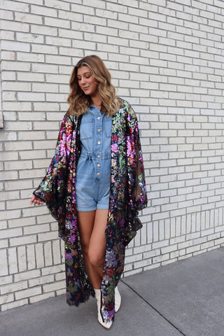 Lace Floral Sequin Bell Sleeve Kimono