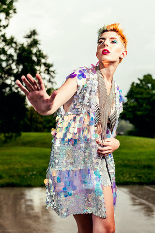 Holographic Iridescent Stripe Short Sequin Vest