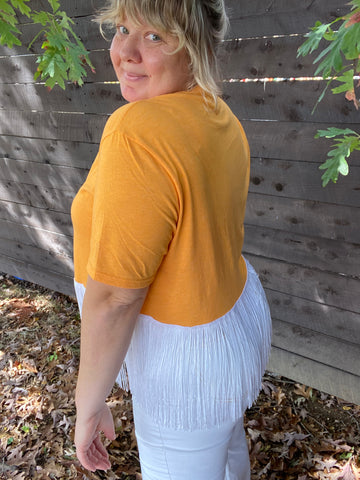 Orange and White Dolly Cropped Tee with Fringe