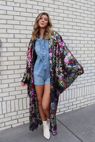 Lace Floral Sequin Bell Sleeve Kimono