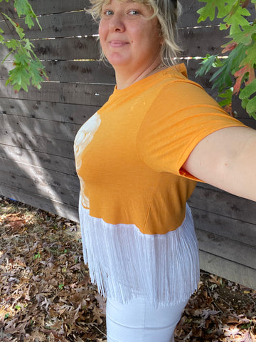 Orange and White Dolly Cropped Tee with Fringe
