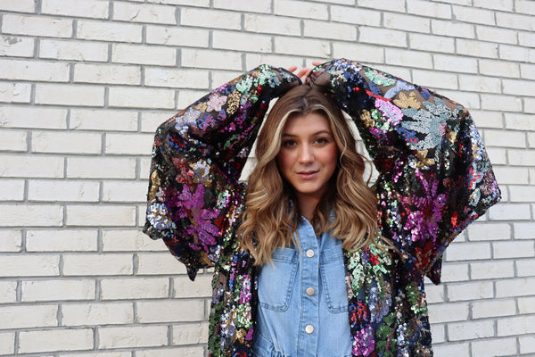 Lace Floral Sequin Bell Sleeve Kimono