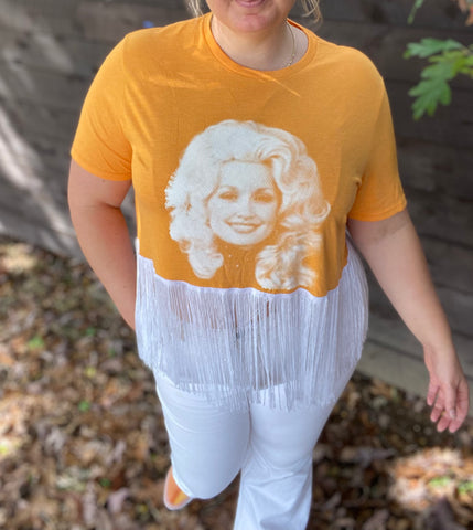 Orange and White Dolly Cropped Tee with Fringe