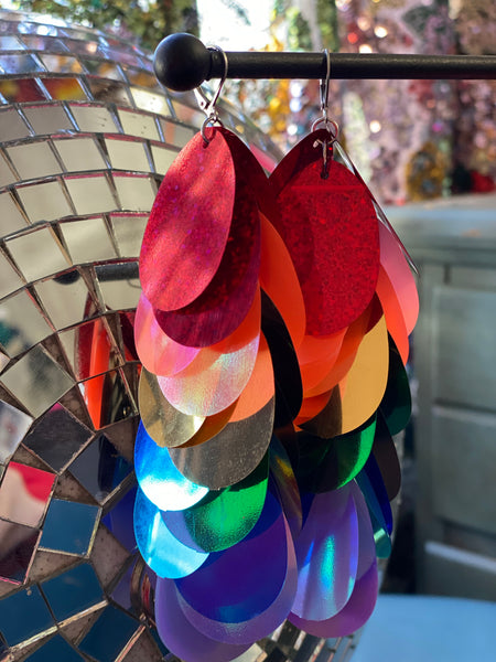 Rainbow Sequin Dangle Chandelier Eco Upcycled Earrings